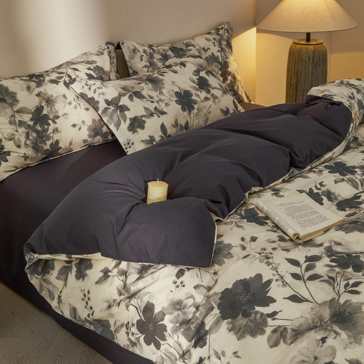 91家纺网 家纺一手货源 找家纺 涵宸家纺 2026新款棉麻数码印花四件套 墨染花影