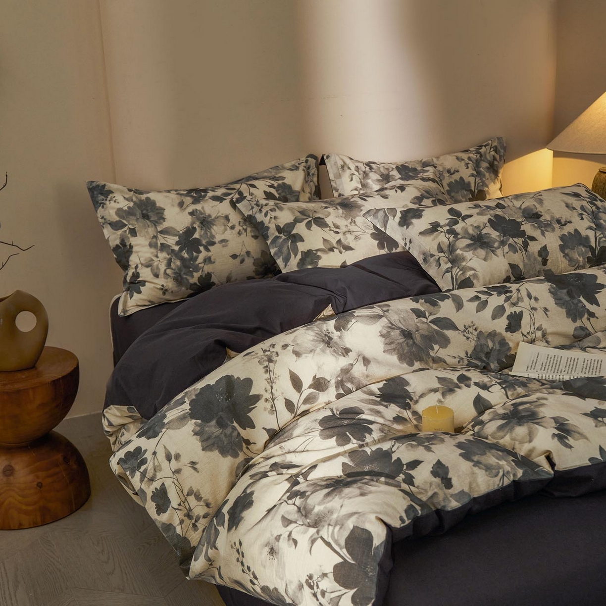 91家纺网 家纺一手货源 找家纺 涵宸家纺 2026新款棉麻数码印花四件套 墨染花影