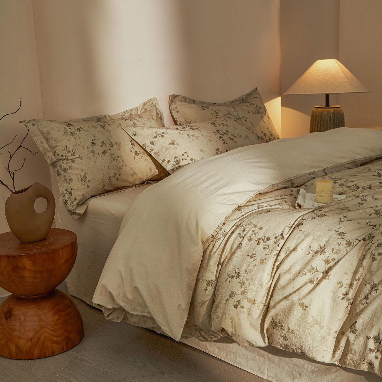 91家纺网 家纺一手货源 找家纺 涵宸家纺 2026新款棉麻数码印花四件套 浅韵花影