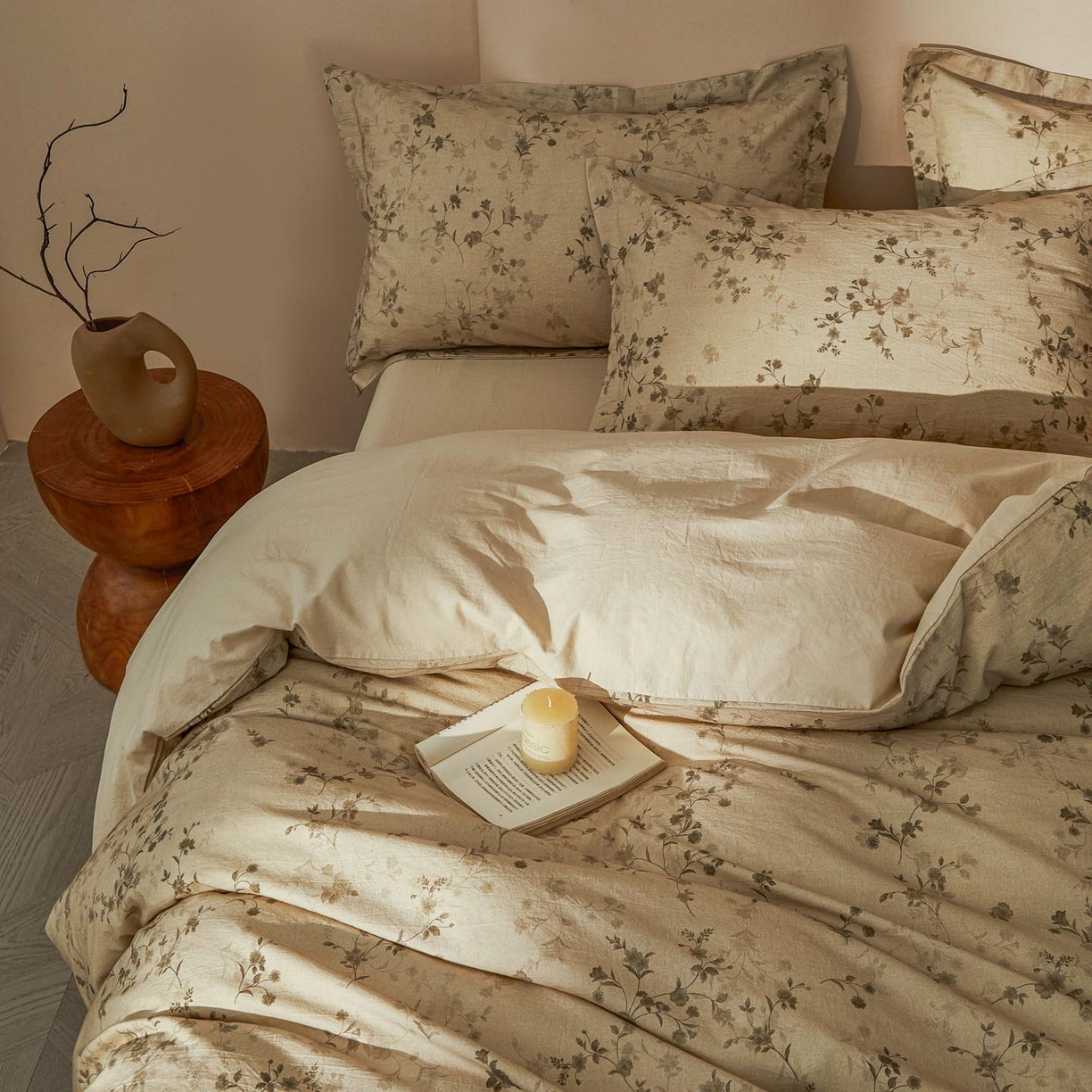 91家纺网 家纺一手货源 找家纺 涵宸家纺 2026新款棉麻数码印花四件套 浅韵花影