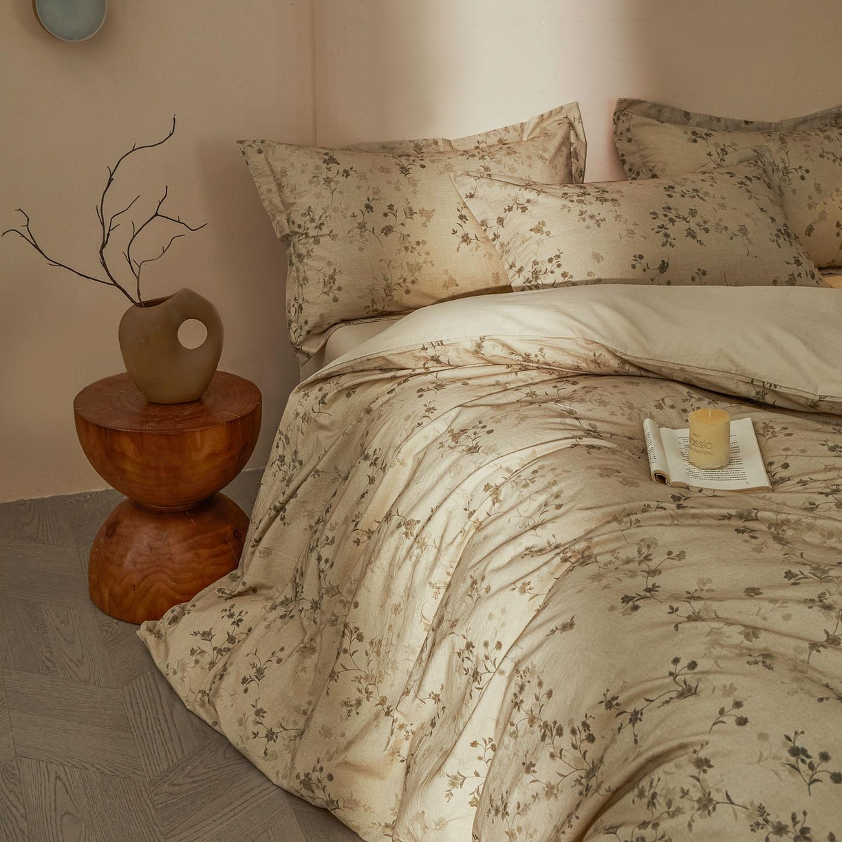 91家纺网 家纺一手货源 找家纺 涵宸家纺 2026新款棉麻数码印花四件套 浅韵花影