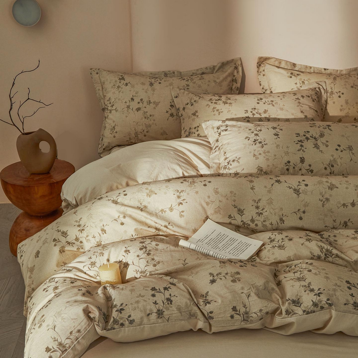 91家纺网 家纺一手货源 找家纺 涵宸家纺 2026新款棉麻数码印花四件套 浅韵花影