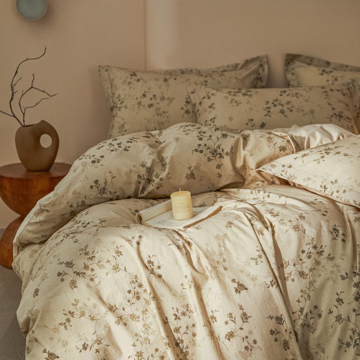 91家纺网 家纺一手货源 找家纺 涵宸家纺 2026新款棉麻数码印花四件套 浅韵花影