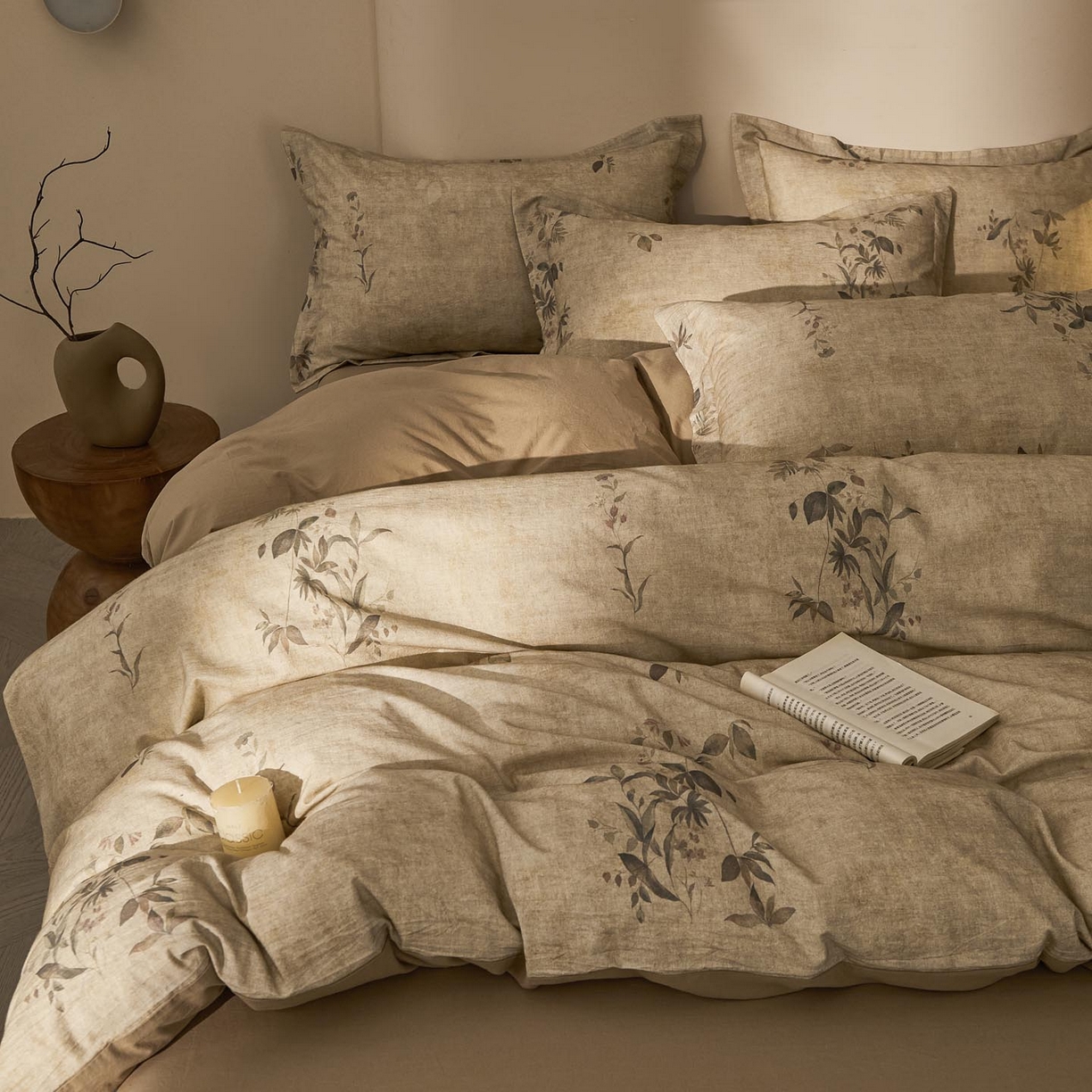 91家纺网 家纺一手货源 找家纺 涵宸家纺 2026新款棉麻数码印花四件套 叶之韵-青