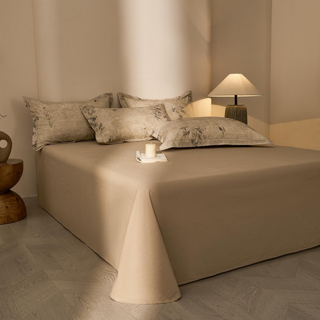 91家纺网 家纺一手货源 找家纺 涵宸家纺 2026新款棉麻数码印花四件套 叶之韵-青