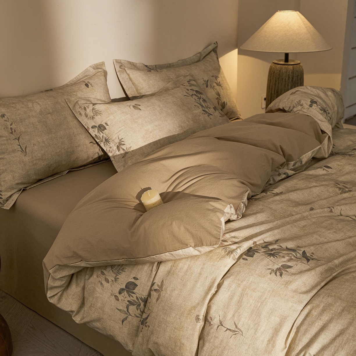 91家纺网 家纺一手货源 找家纺 涵宸家纺 2026新款棉麻数码印花四件套 叶之韵-青