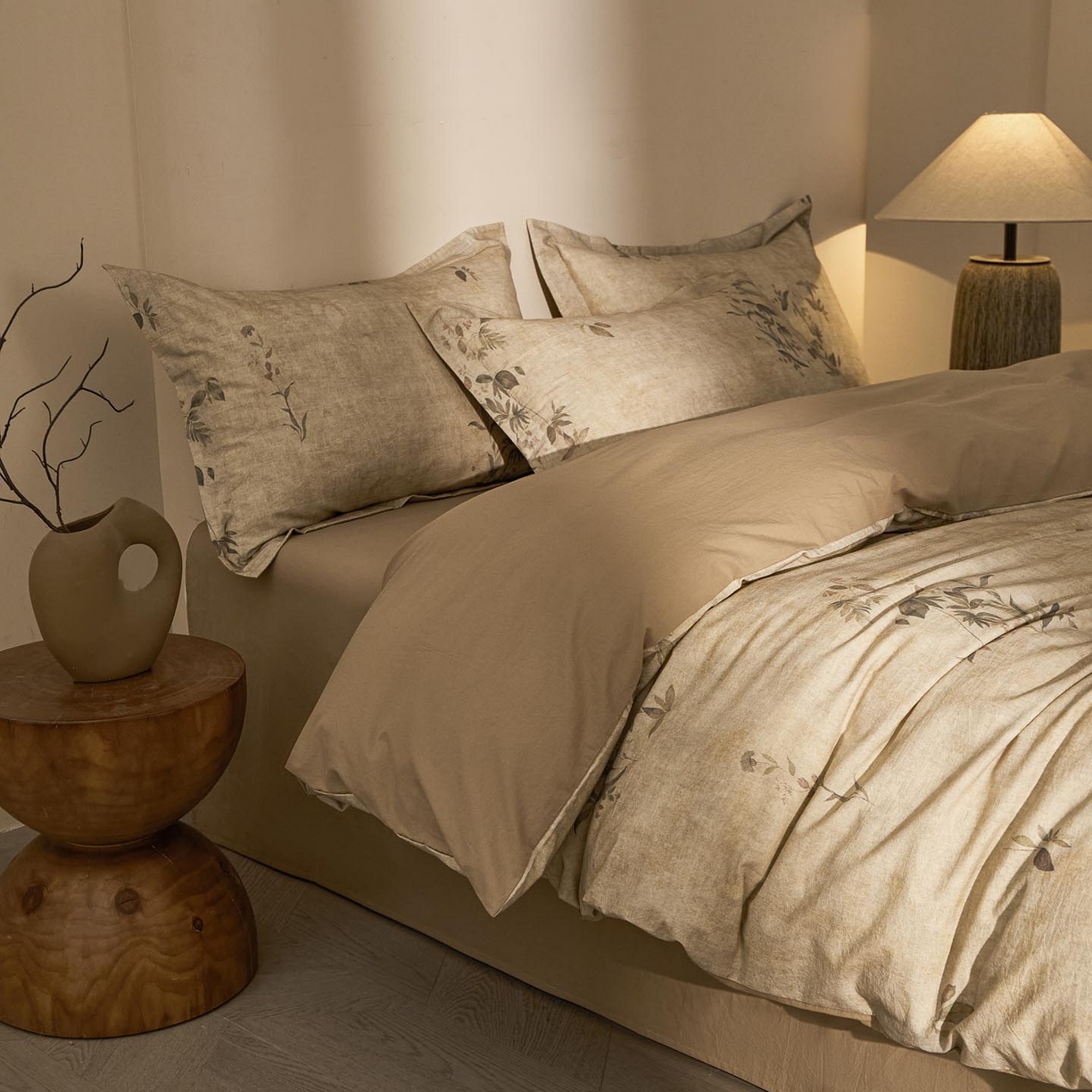 91家纺网 家纺一手货源 找家纺 涵宸家纺 2026新款棉麻数码印花四件套 叶之韵-青