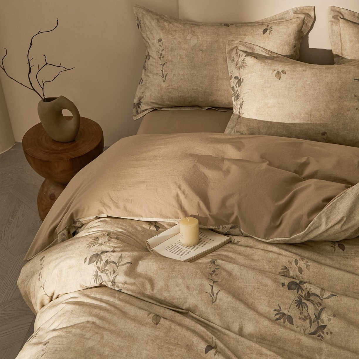 91家纺网 家纺一手货源 找家纺 涵宸家纺 2026新款棉麻数码印花四件套 叶之韵-青