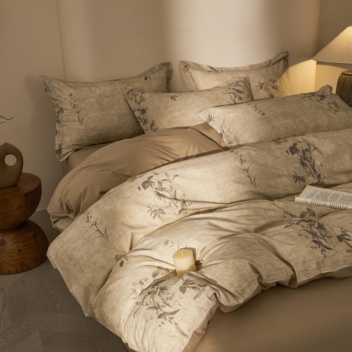 91家纺网 家纺一手货源 找家纺 涵宸家纺 2026新款棉麻数码印花四件套 叶之韵-青