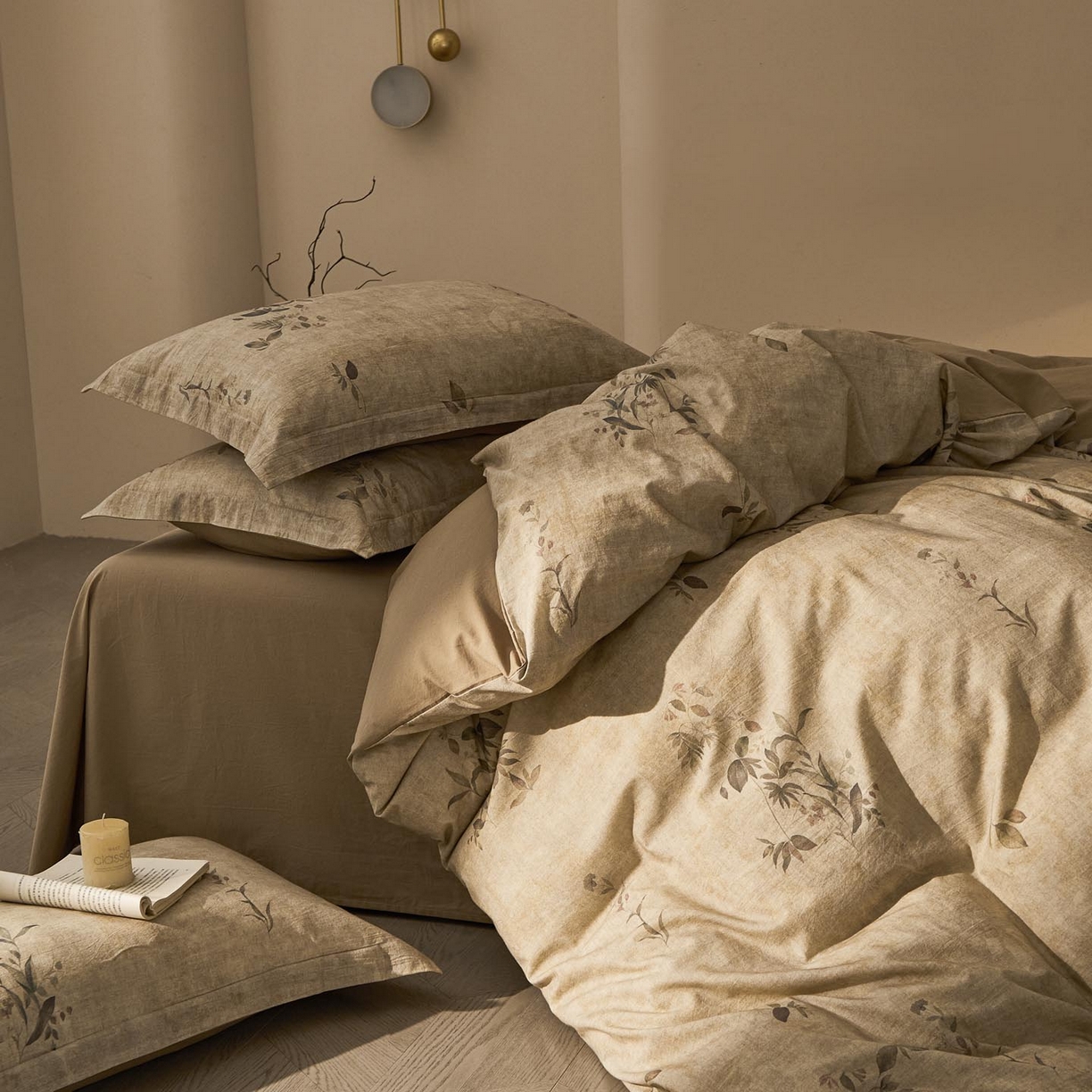 91家纺网 家纺一手货源 找家纺 涵宸家纺 2026新款棉麻数码印花四件套 叶之韵-青