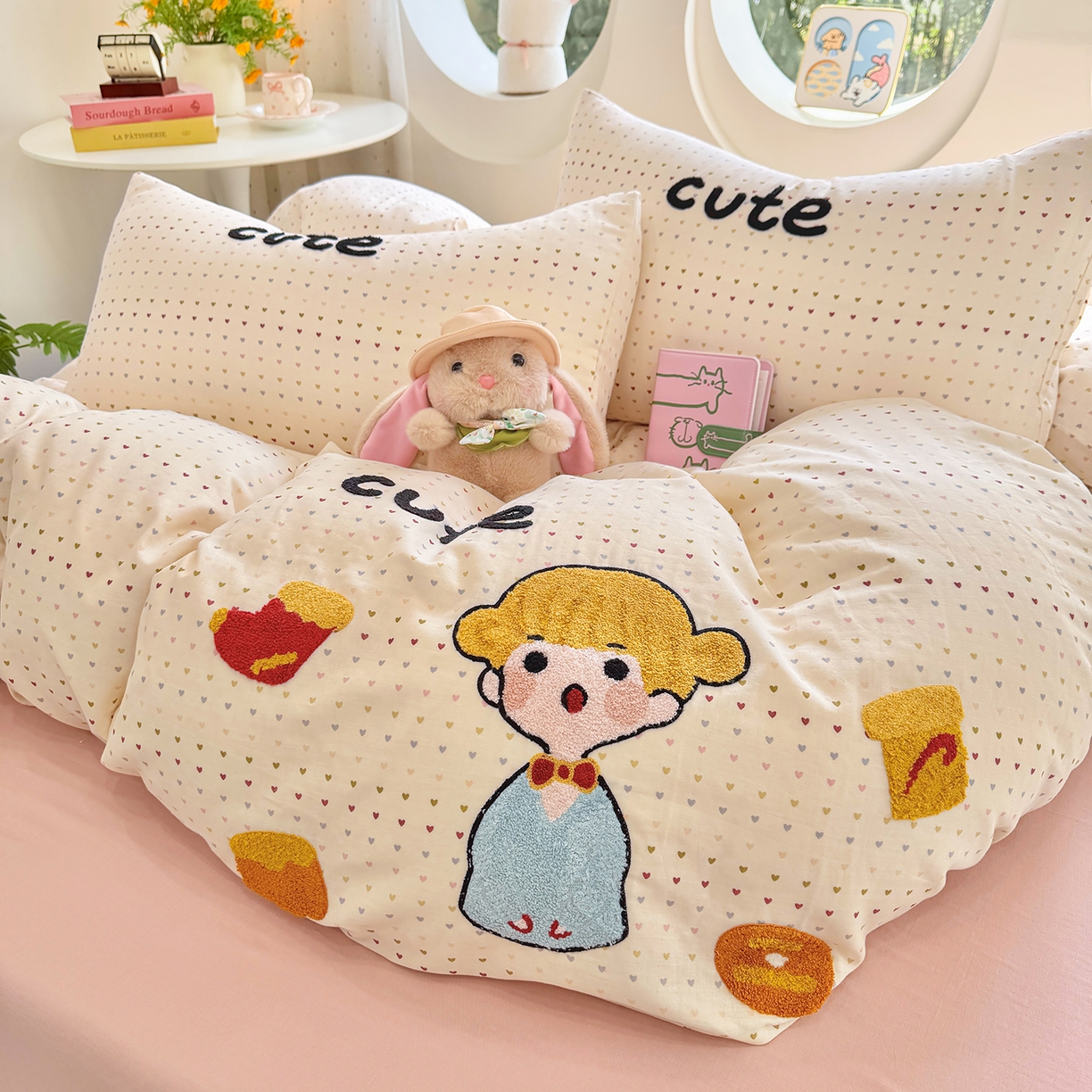 91家纺网 家纺一手货源 找家纺 爱思佳 2026新款双层纱印+毛巾绣系列四件套 可爱女孩