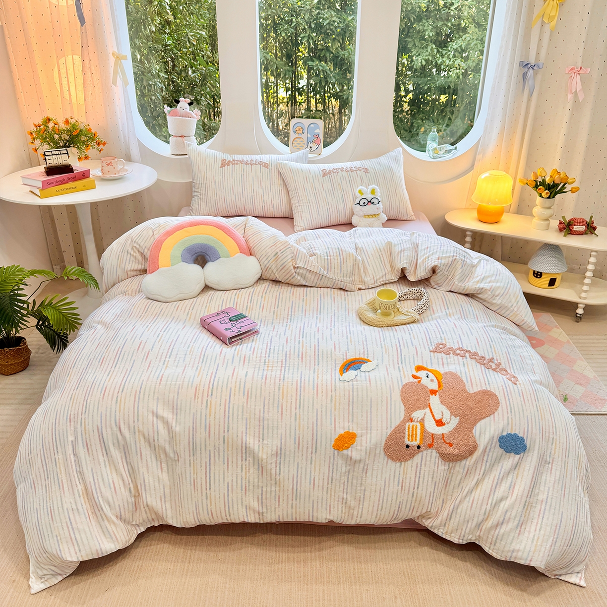 爱思佳 2026新款双层纱印+毛巾绣系列四件套 旅行鸭