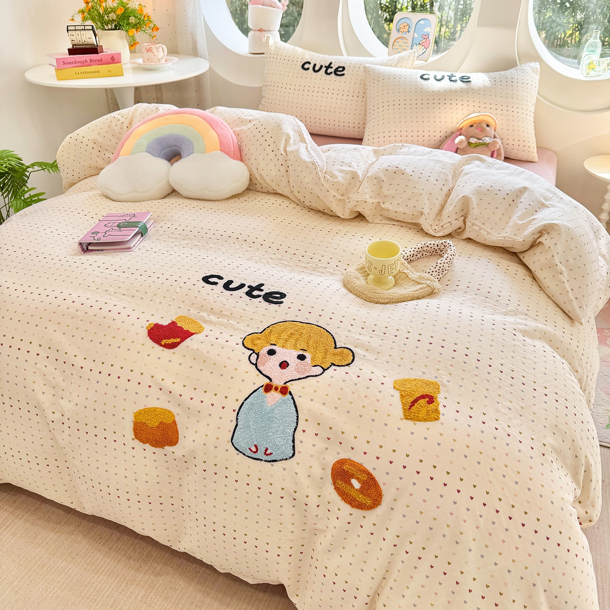 91家纺网 家纺一手货源 找家纺 爱思佳 2026新款双层纱印+毛巾绣系列四件套 可爱女孩