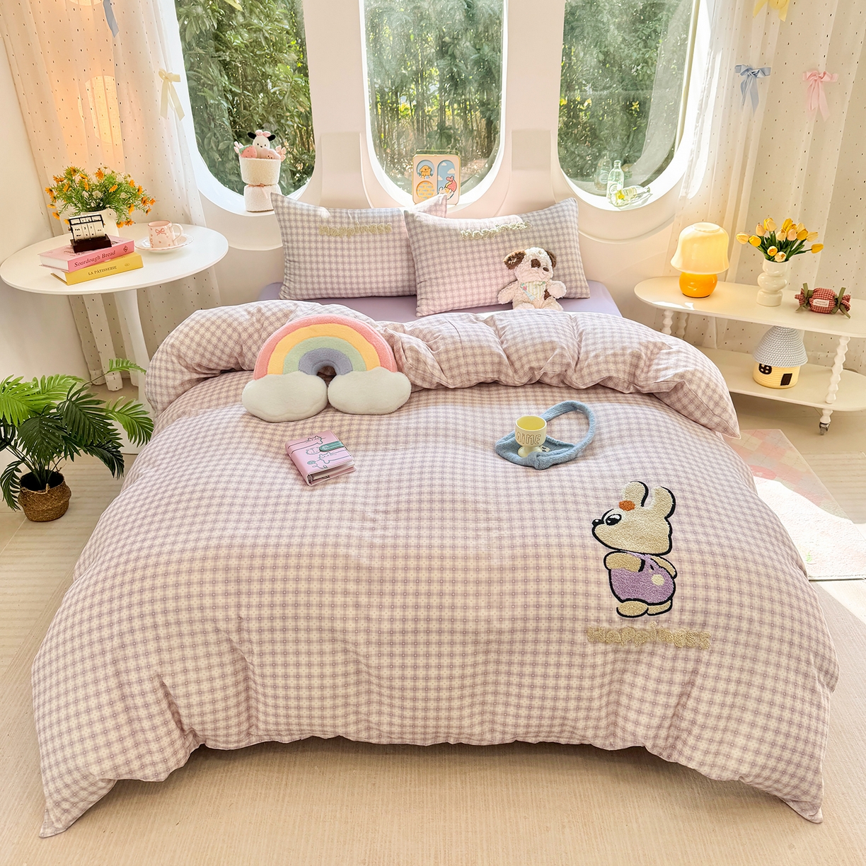 爱思佳 2026新款双层纱印+毛巾绣系列四件套 背带兔