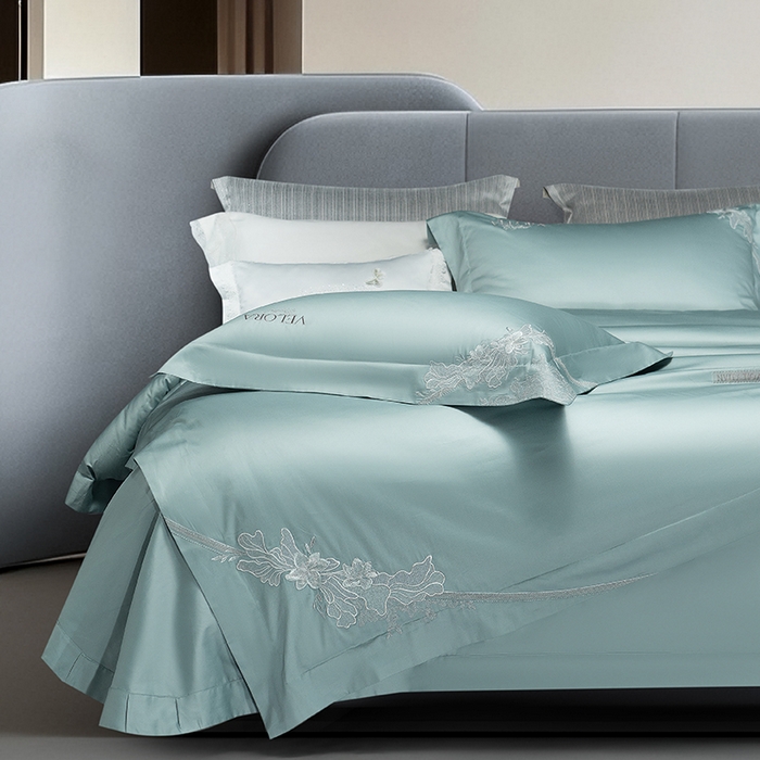 91家纺网 家纺一手货源 找家纺 诗黛尔 2026春夏新品长绒棉刺绣婼兰系列四件套（会员-20） 婼兰-平旦青