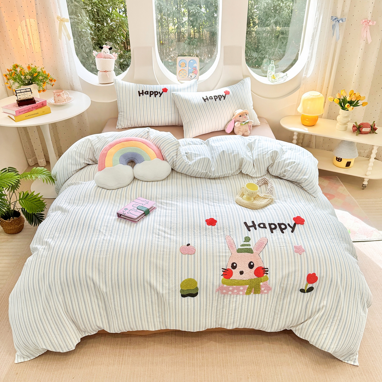 爱思佳 2026新款双层纱印+毛巾绣系列四件套 happy兔-肉桂玉