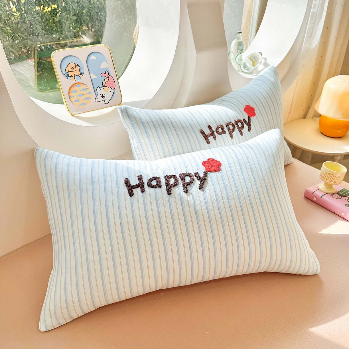 91家纺网 家纺一手货源 找家纺 爱思佳 2026新款双层纱印+毛巾绣系列四件套 happy兔-肉桂玉