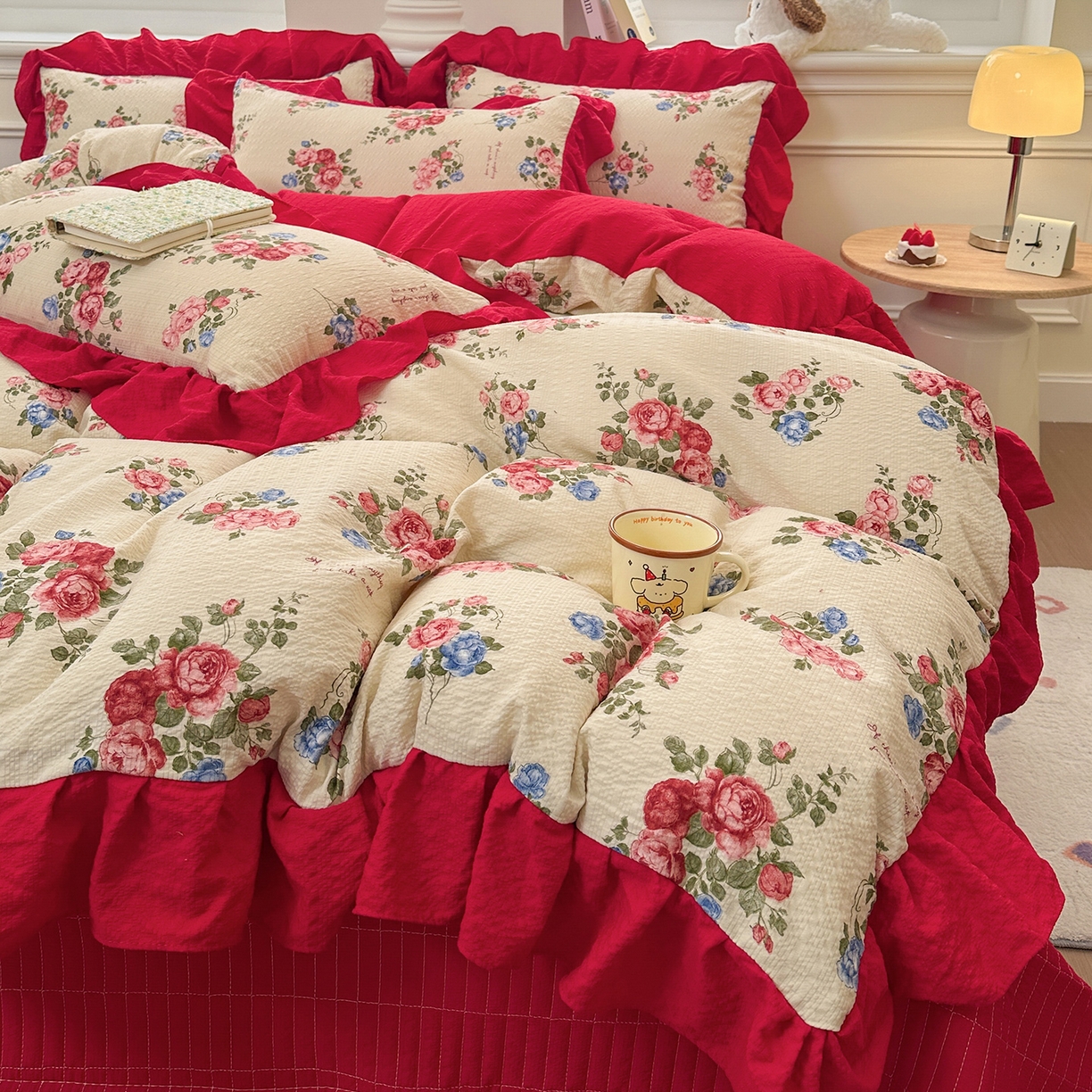 91家纺网 家纺一手货源 找家纺 （总）安哆啦家纺 2026新款糯叽叽泡泡棉韩式花边床盖四件套