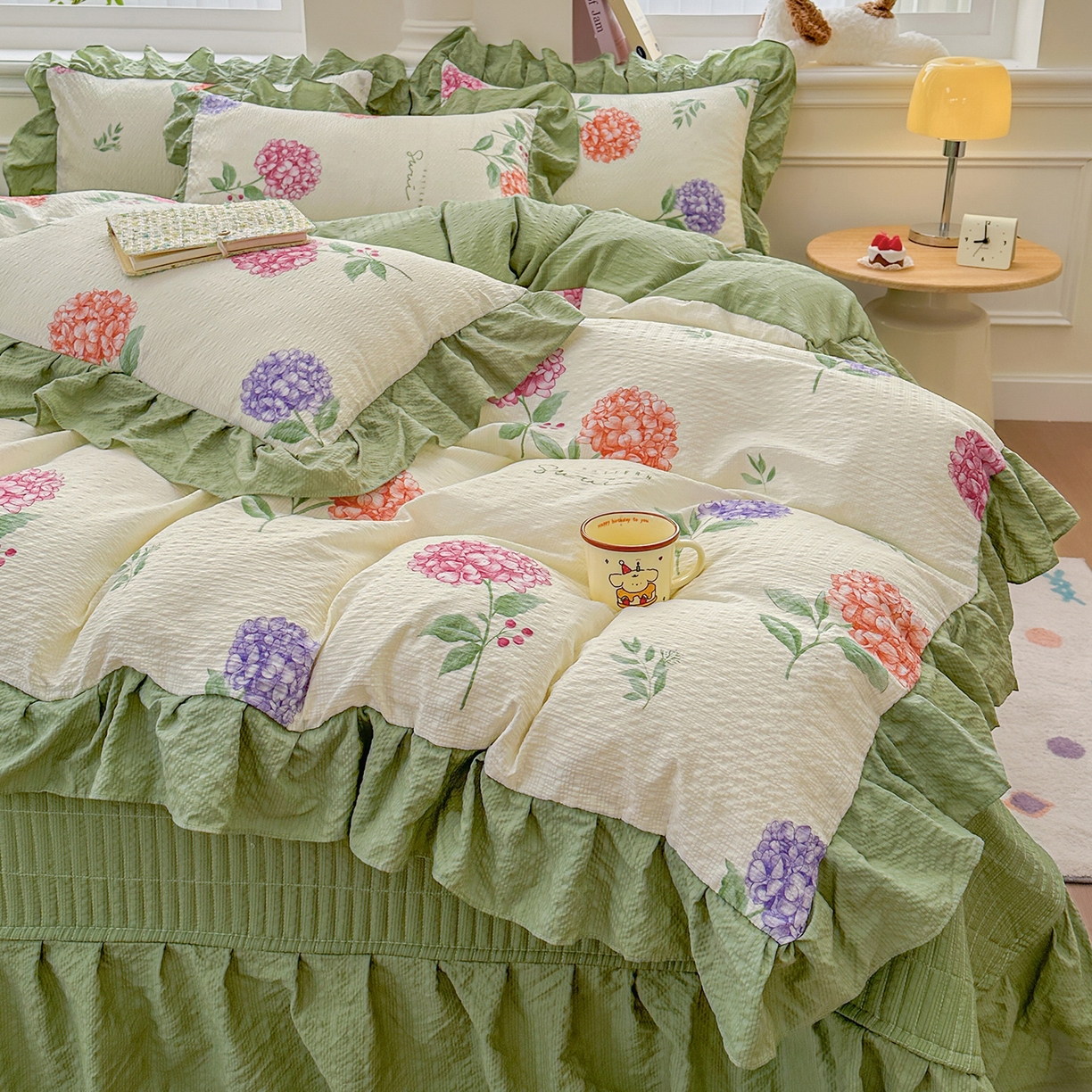 91家纺网 家纺一手货源 找家纺 （总）安哆啦家纺 2026新款糯叽叽泡泡棉韩式花边床盖四件套