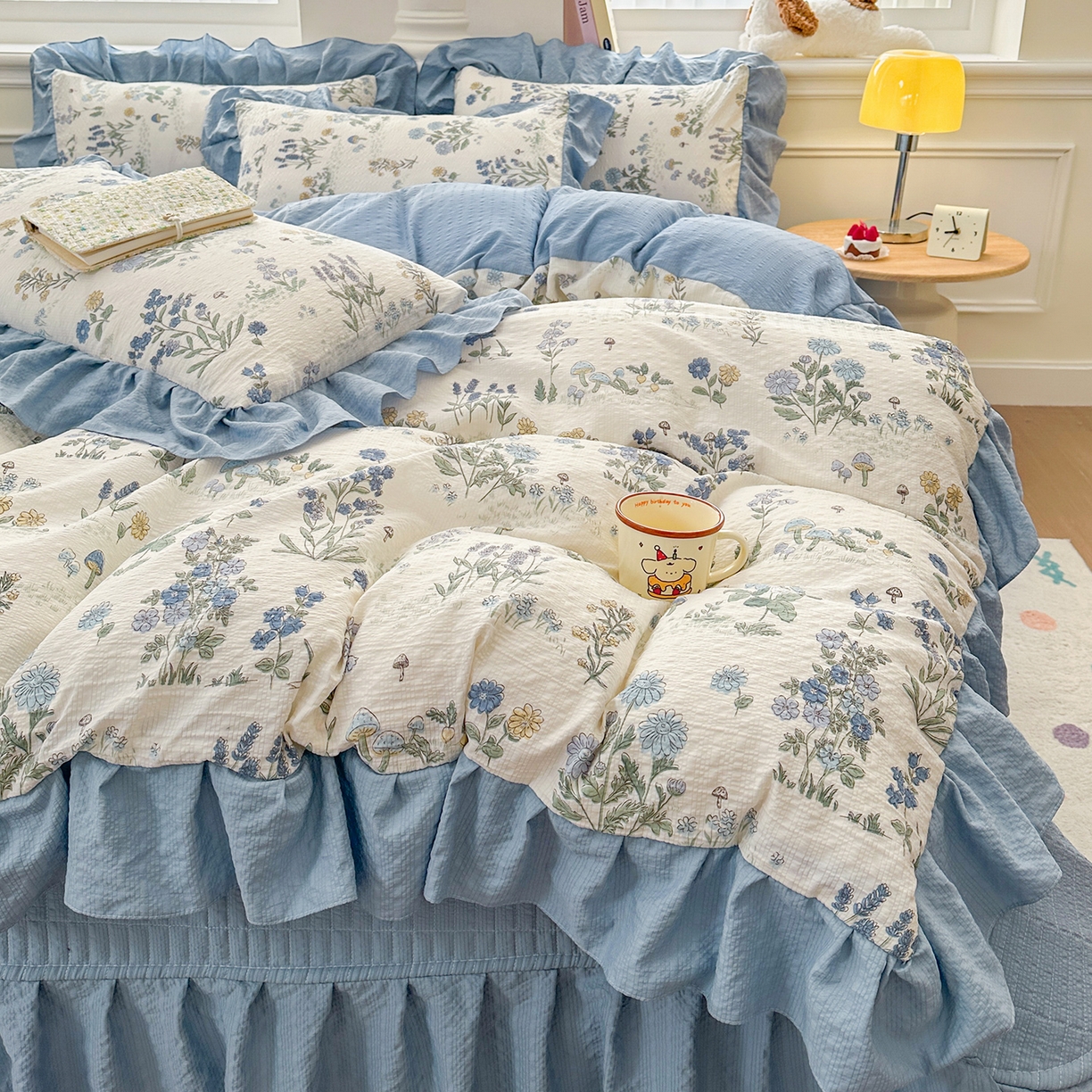 91家纺网 家纺一手货源 找家纺 （总）安哆啦家纺 2026新款糯叽叽泡泡棉韩式花边床盖四件套