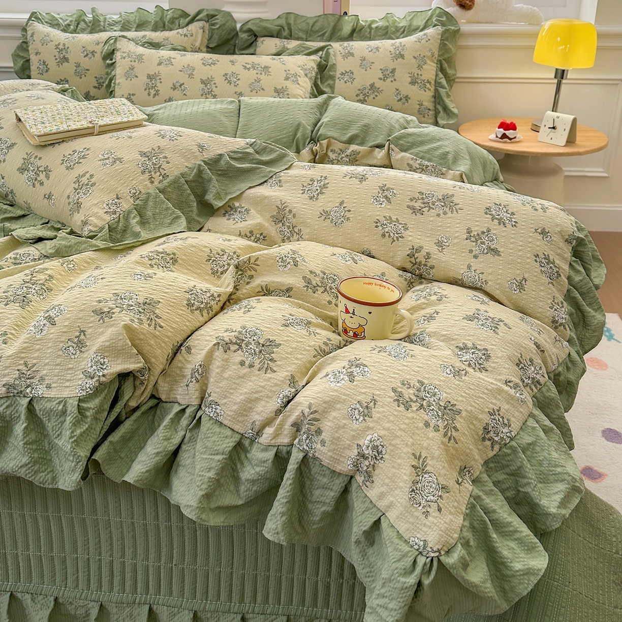 91家纺网 家纺一手货源 找家纺 （总）安哆啦家纺 2026新款糯叽叽泡泡棉韩式花边床盖四件套