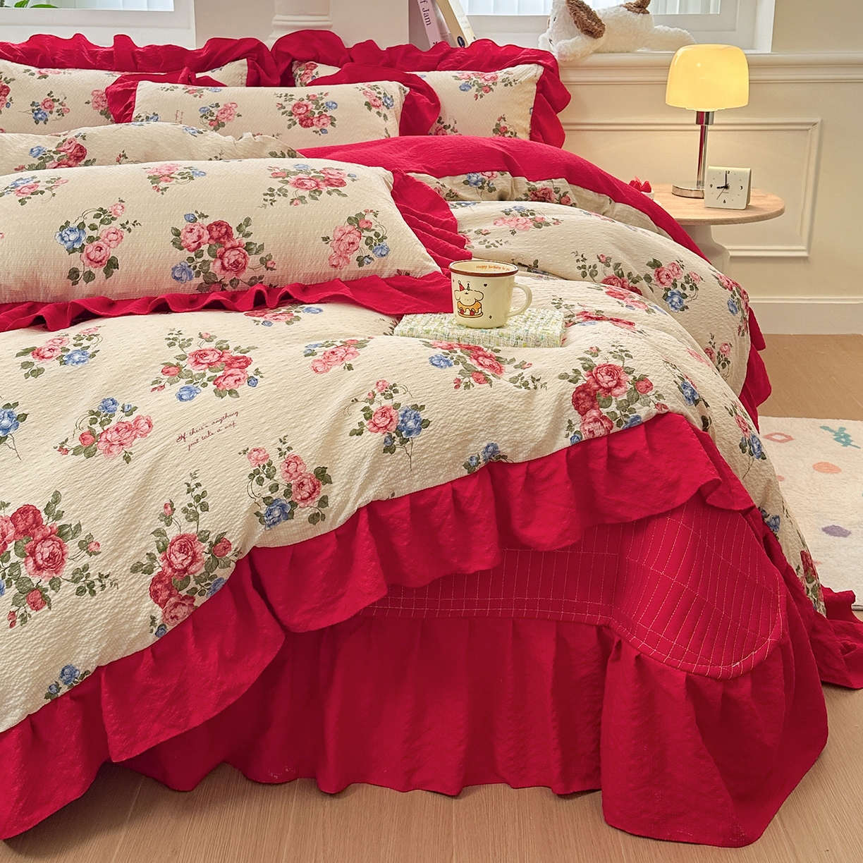 91家纺网 家纺一手货源 找家纺 （总）安哆啦家纺 2026新款糯叽叽泡泡棉韩式花边床盖四件套