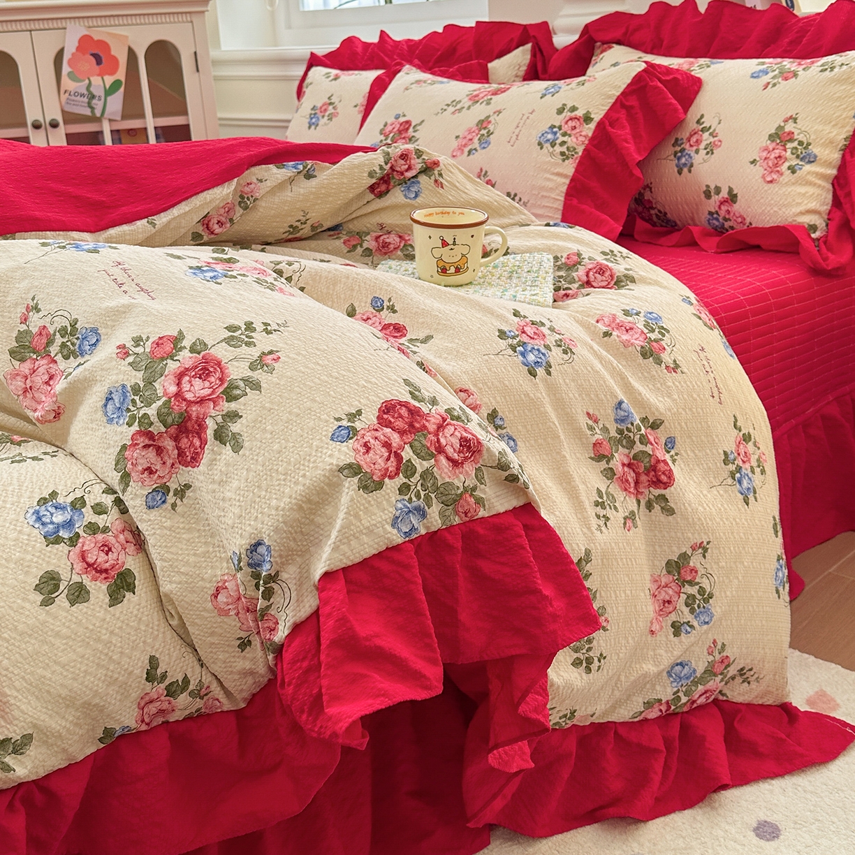 91家纺网 家纺一手货源 找家纺 （总）安哆啦家纺 2026新款糯叽叽泡泡棉韩式花边床盖四件套