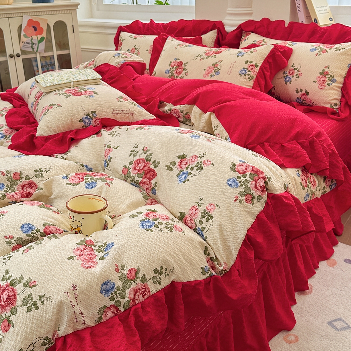 91家纺网 家纺一手货源 找家纺 （总）安哆啦家纺 2026新款糯叽叽泡泡棉韩式花边床盖四件套