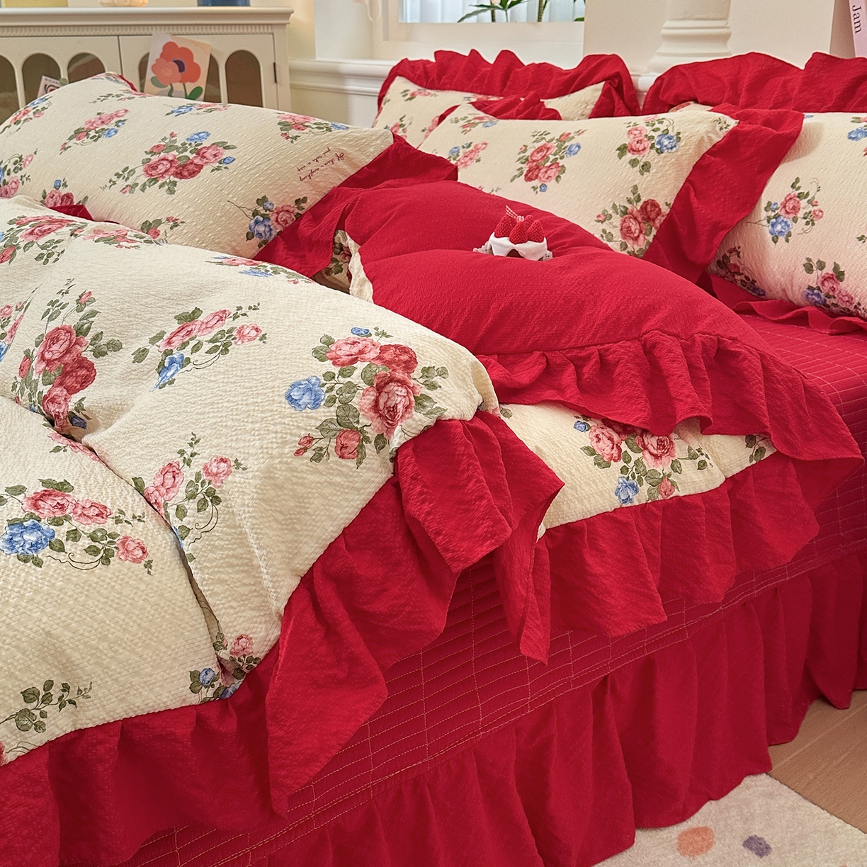 91家纺网 家纺一手货源 找家纺 （总）安哆啦家纺 2026新款糯叽叽泡泡棉韩式花边床盖四件套