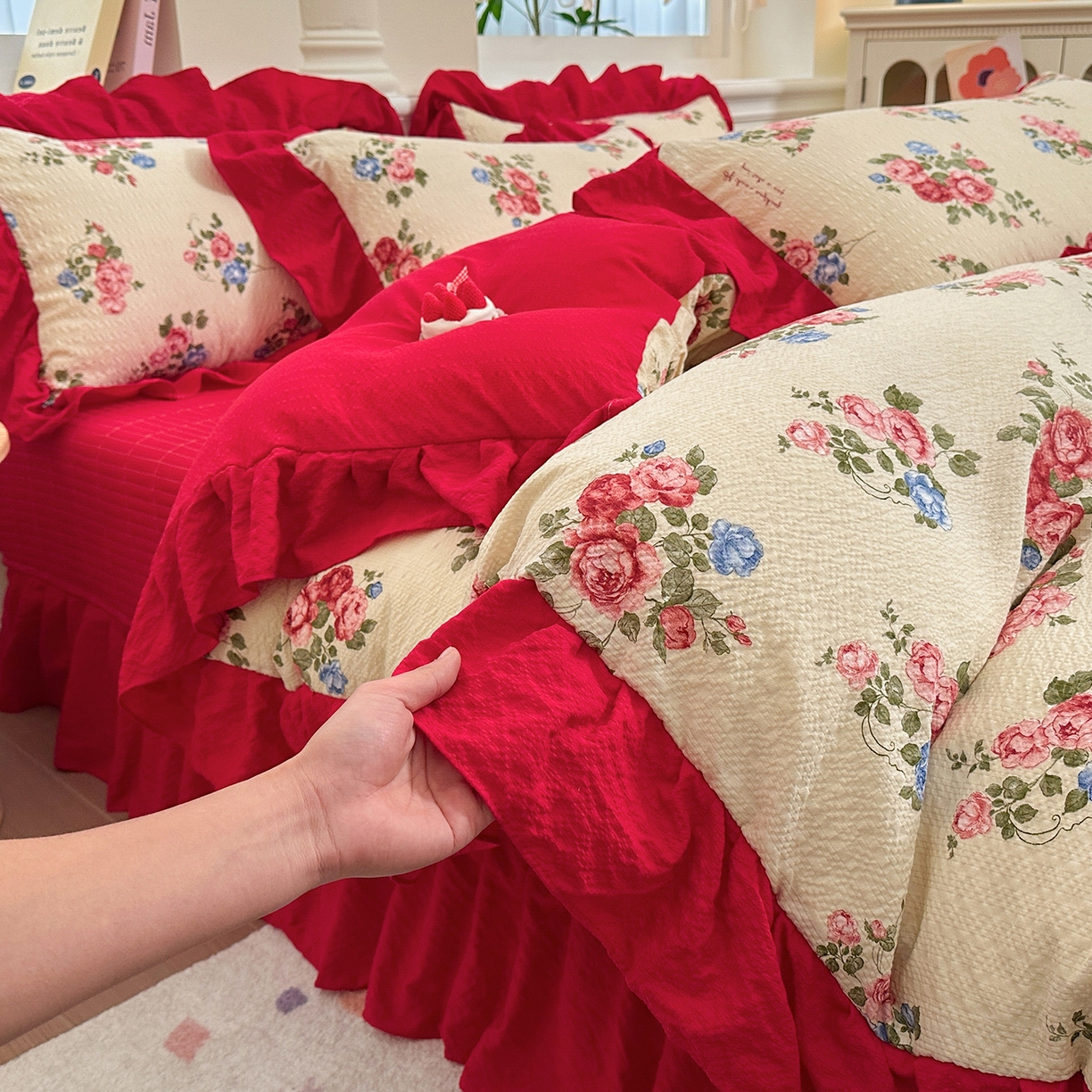 91家纺网 家纺一手货源 找家纺 （总）安哆啦家纺 2026新款糯叽叽泡泡棉韩式花边床盖四件套