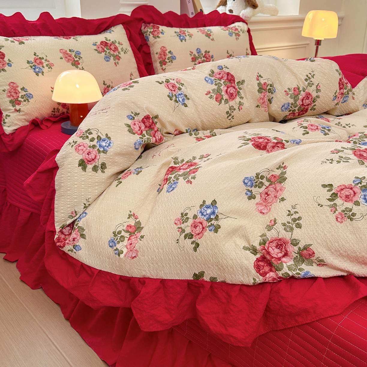 91家纺网 家纺一手货源 找家纺 安哆啦家纺 2026新款糯叽叽泡泡棉韩式花边床盖四件套 泡泡棉-安娜