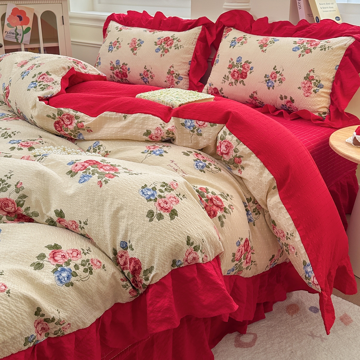 91家纺网 家纺一手货源 找家纺 安哆啦家纺 2026新款糯叽叽泡泡棉韩式花边床盖四件套 泡泡棉-安娜