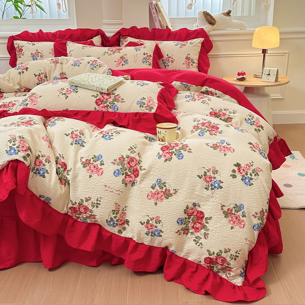 91家纺网 家纺一手货源 找家纺 安哆啦家纺 2026新款糯叽叽泡泡棉韩式花边床盖四件套 泡泡棉-安娜