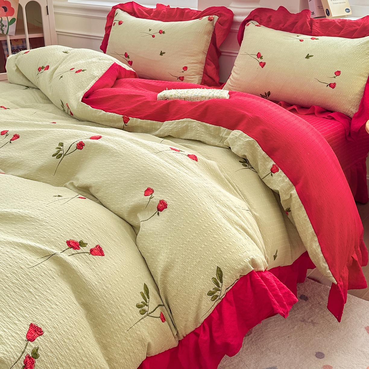 91家纺网 家纺一手货源 找家纺 安哆啦家纺 2026新款糯叽叽泡泡棉韩式花边床盖四件套 泡泡棉-花魅