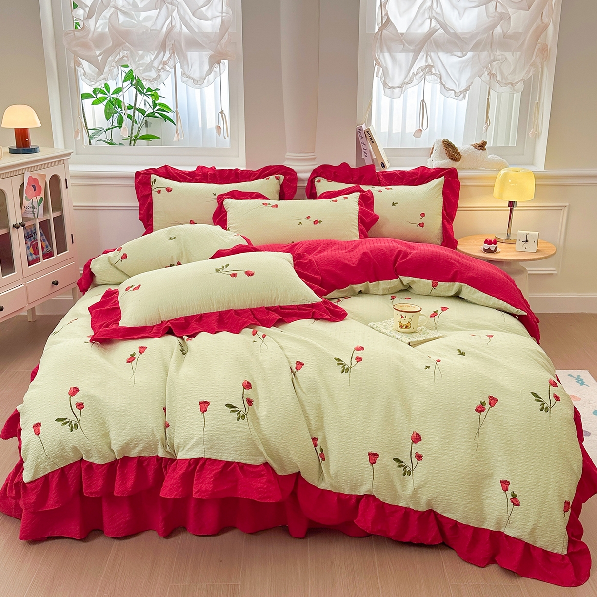 91家纺网 家纺一手货源 找家纺 安哆啦家纺 2026新款糯叽叽泡泡棉韩式花边床盖四件套 泡泡棉-花魅