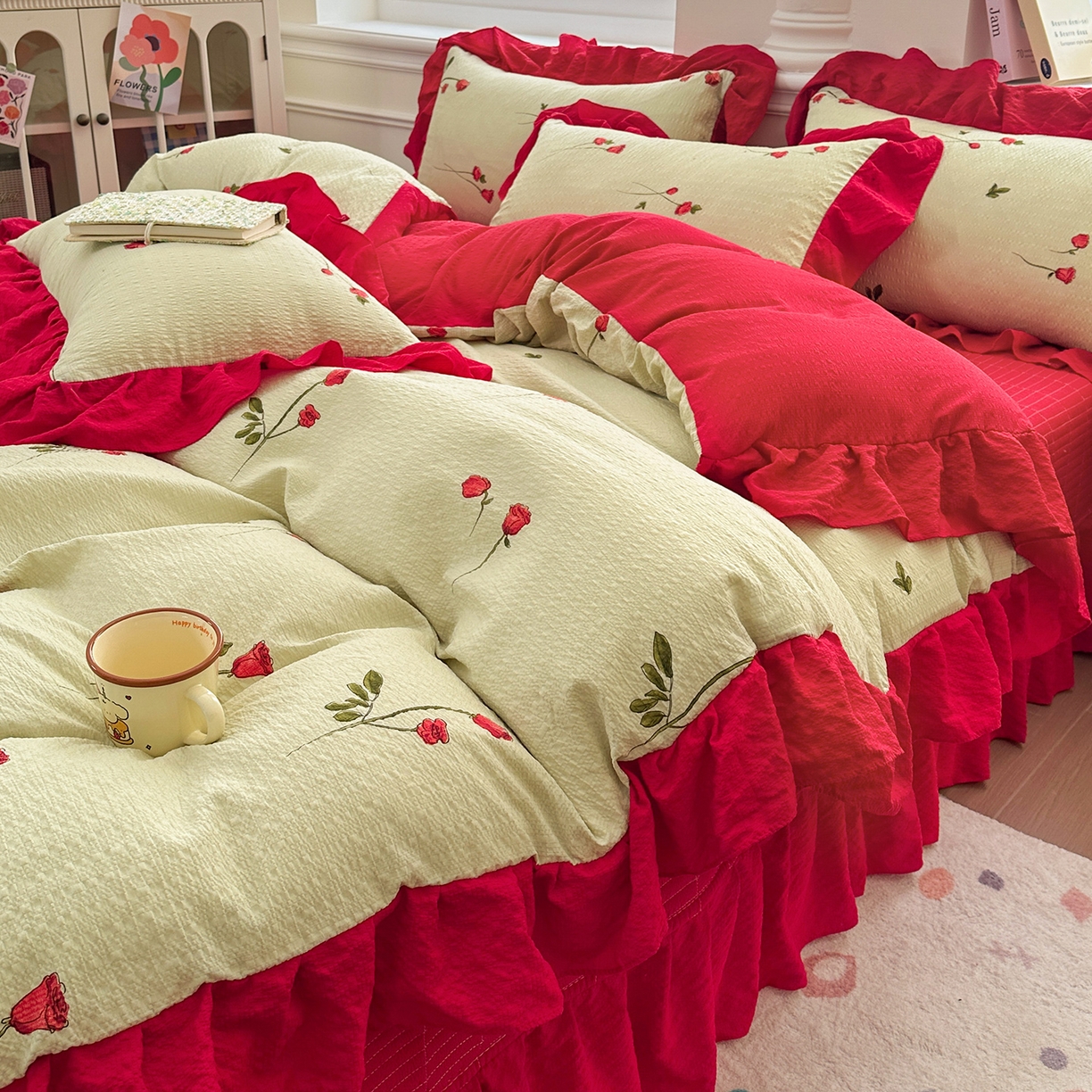 91家纺网 家纺一手货源 找家纺 安哆啦家纺 2026新款糯叽叽泡泡棉韩式花边床盖四件套 泡泡棉-花魅