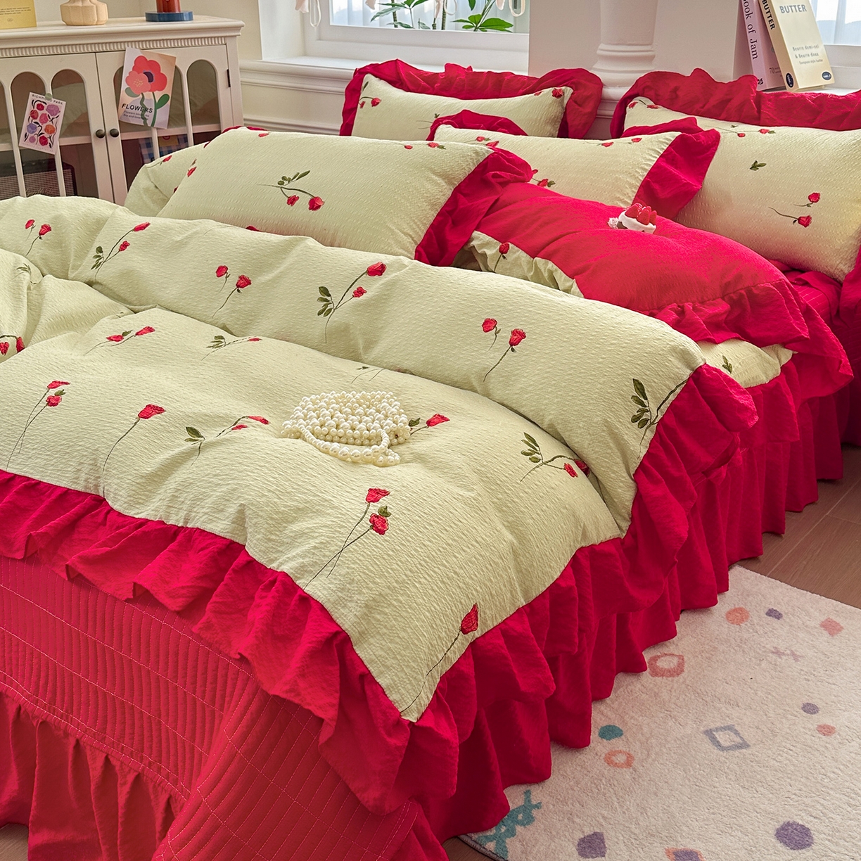 91家纺网 家纺一手货源 找家纺 安哆啦家纺 2026新款糯叽叽泡泡棉韩式花边床盖四件套 泡泡棉-花魅