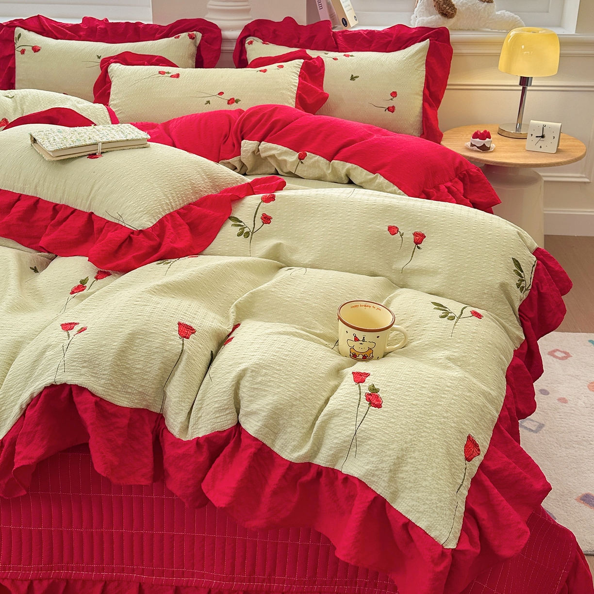 安哆啦家纺 2026新款糯叽叽泡泡棉韩式花边床盖四件套 泡泡棉-花魅