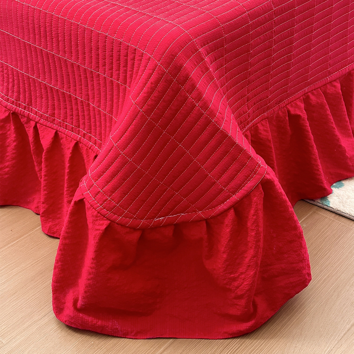 91家纺网 家纺一手货源 找家纺 安哆啦家纺 2026新款糯叽叽泡泡棉韩式花边床盖四件套 泡泡棉-花魅