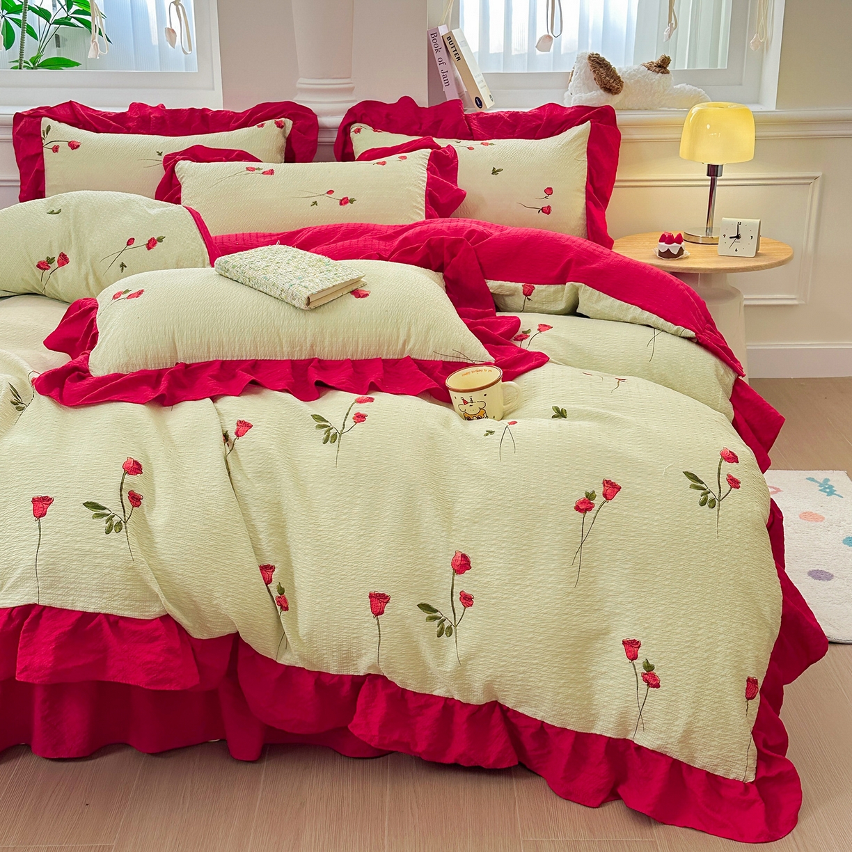 91家纺网 家纺一手货源 找家纺 安哆啦家纺 2026新款糯叽叽泡泡棉韩式花边床盖四件套 泡泡棉-花魅