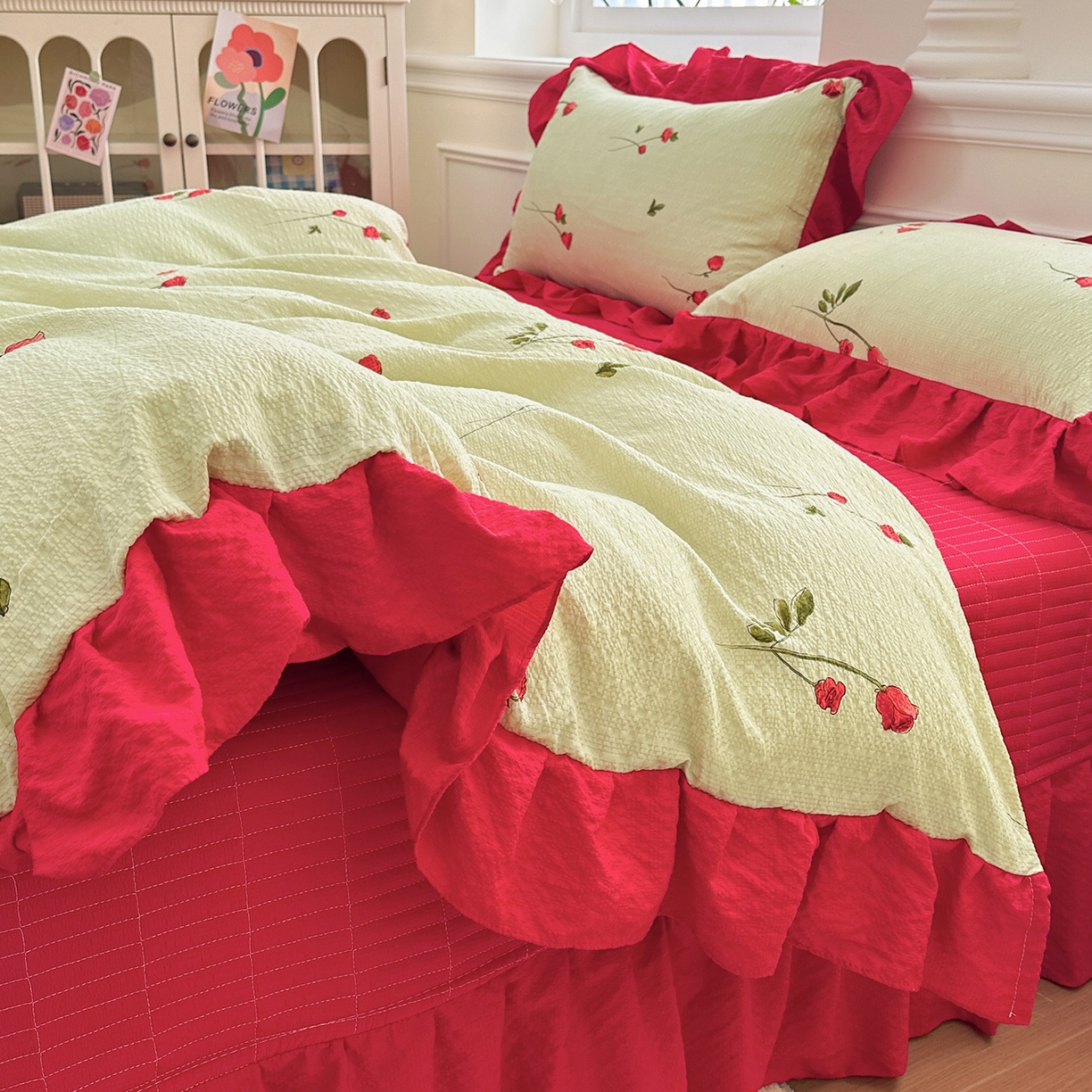 91家纺网 家纺一手货源 找家纺 安哆啦家纺 2026新款糯叽叽泡泡棉韩式花边床盖四件套 泡泡棉-花魅