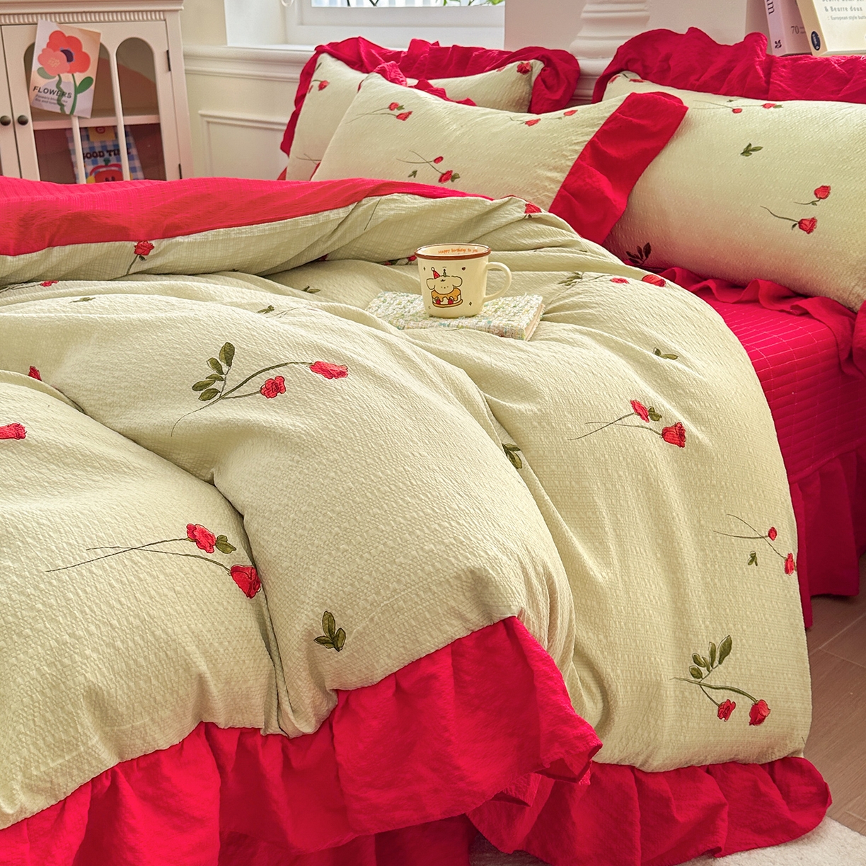 91家纺网 家纺一手货源 找家纺 安哆啦家纺 2026新款糯叽叽泡泡棉韩式花边床盖四件套 泡泡棉-花魅