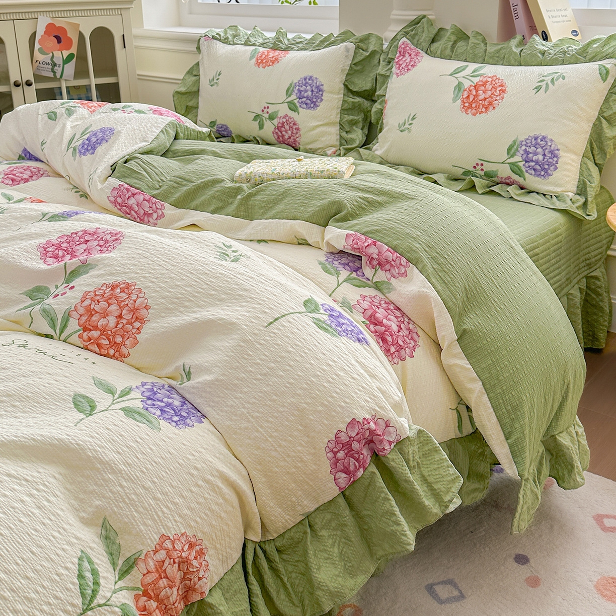 91家纺网 家纺一手货源 找家纺 安哆啦家纺 2026新款糯叽叽泡泡棉韩式花边床盖四件套 泡泡棉-花团锦簇