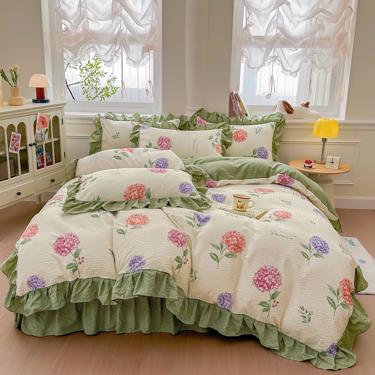 91家纺网 家纺一手货源 找家纺 安哆啦家纺 2026新款糯叽叽泡泡棉韩式花边床盖四件套 泡泡棉-花团锦簇