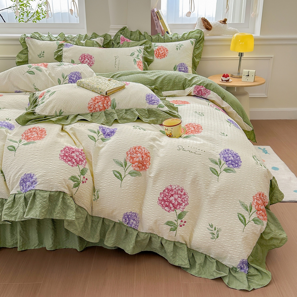 91家纺网 家纺一手货源 找家纺 安哆啦家纺 2026新款糯叽叽泡泡棉韩式花边床盖四件套 泡泡棉-花团锦簇