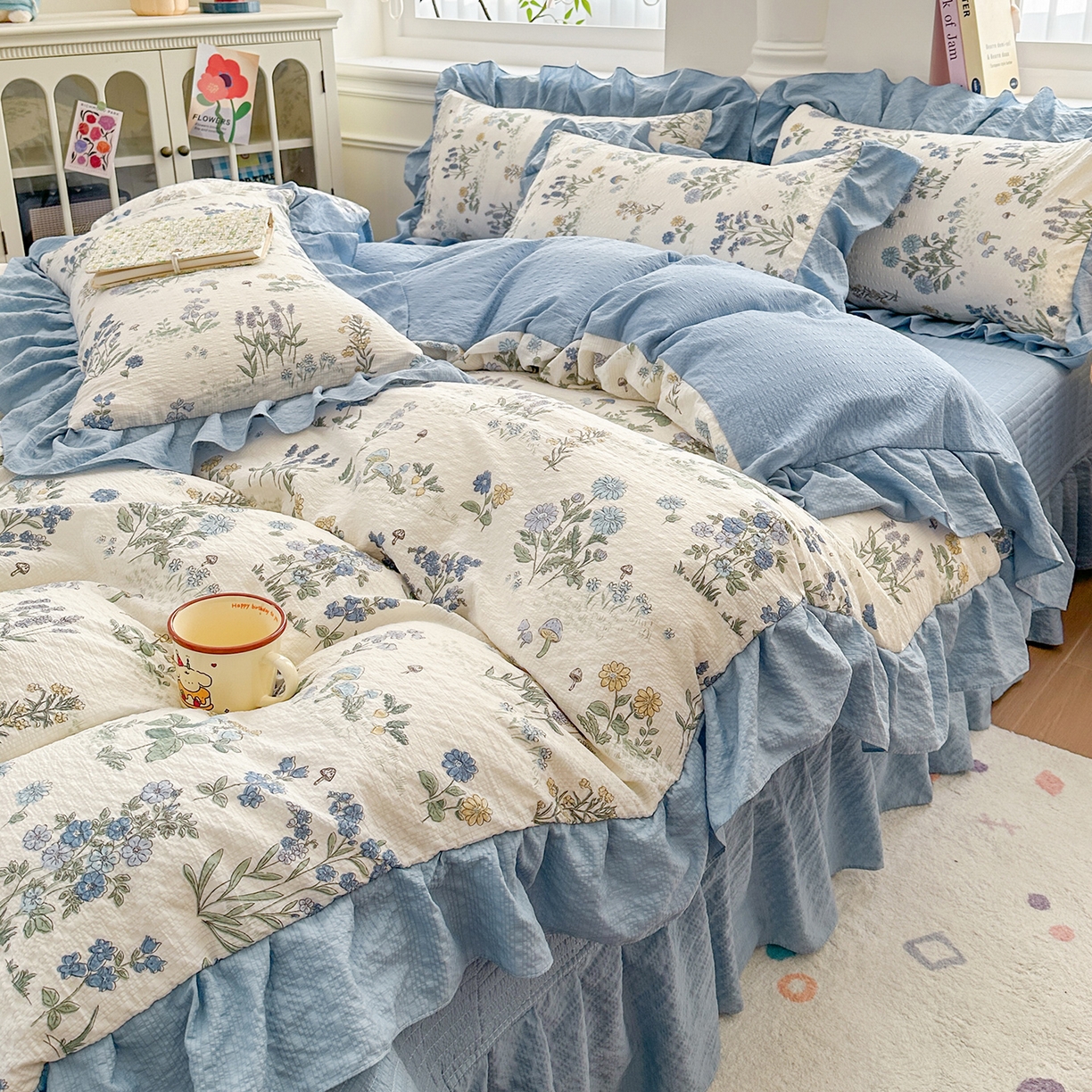 91家纺网 家纺一手货源 找家纺 安哆啦家纺 2026新款糯叽叽泡泡棉韩式花边床盖四件套 泡泡棉-花语秘境