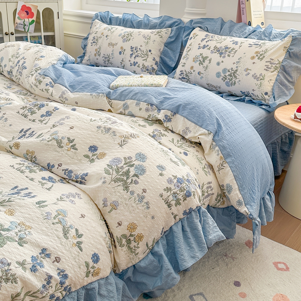 91家纺网 家纺一手货源 找家纺 安哆啦家纺 2026新款糯叽叽泡泡棉韩式花边床盖四件套 泡泡棉-花语秘境