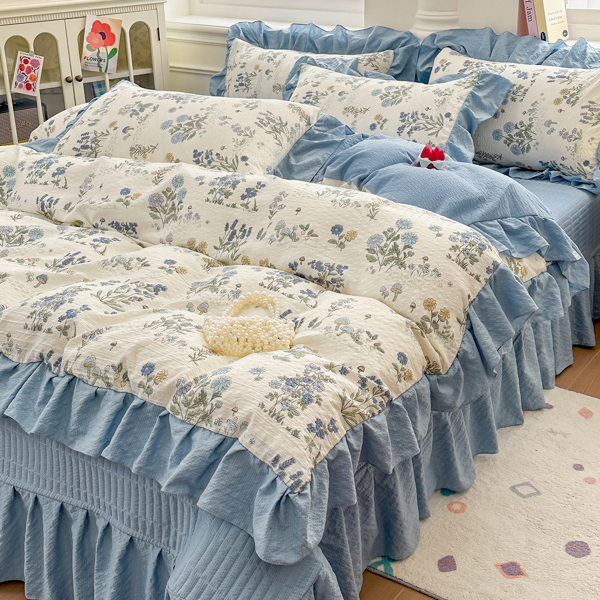 91家纺网 家纺一手货源 找家纺 安哆啦家纺 2026新款糯叽叽泡泡棉韩式花边床盖四件套 泡泡棉-花语秘境