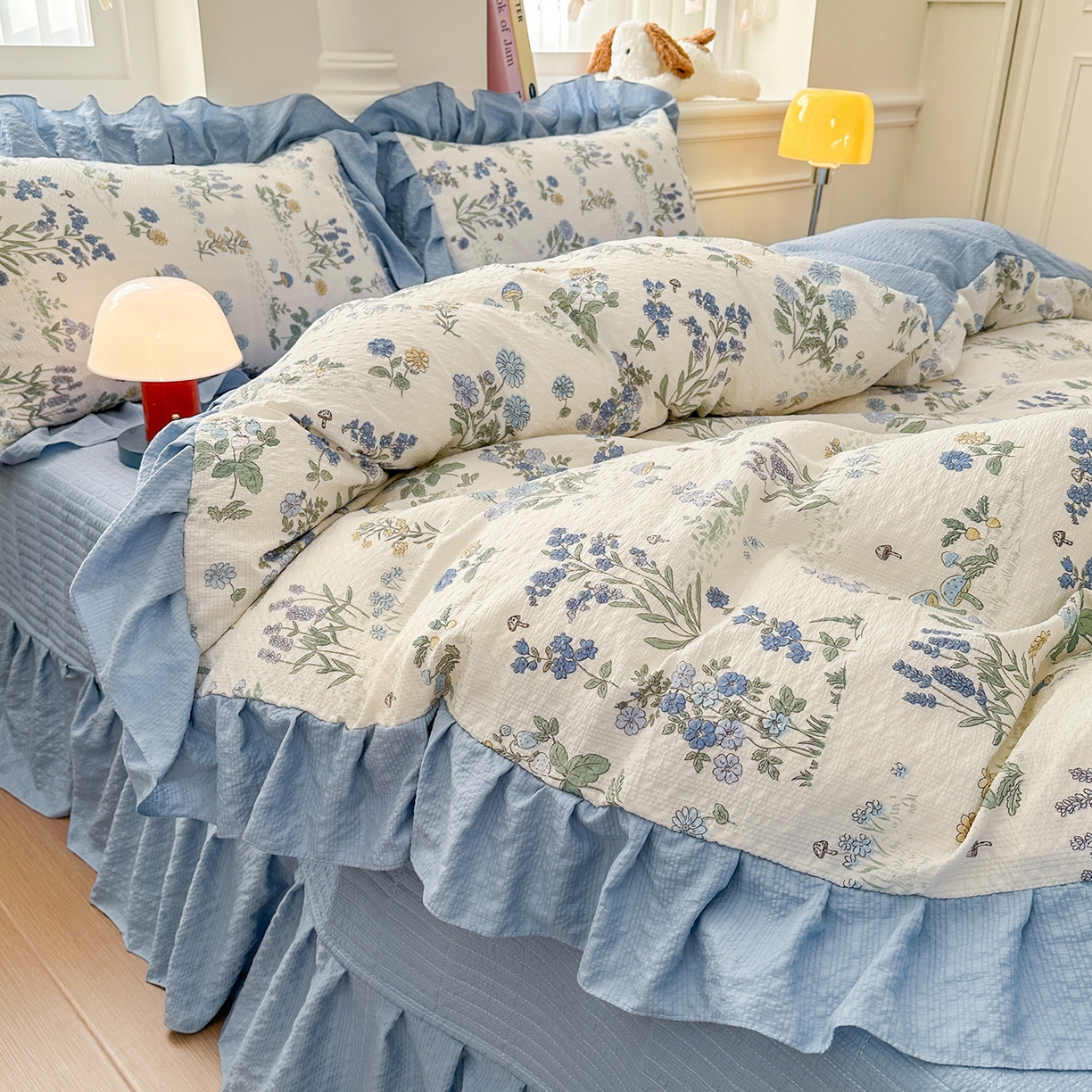 91家纺网 家纺一手货源 找家纺 安哆啦家纺 2026新款糯叽叽泡泡棉韩式花边床盖四件套 泡泡棉-花语秘境