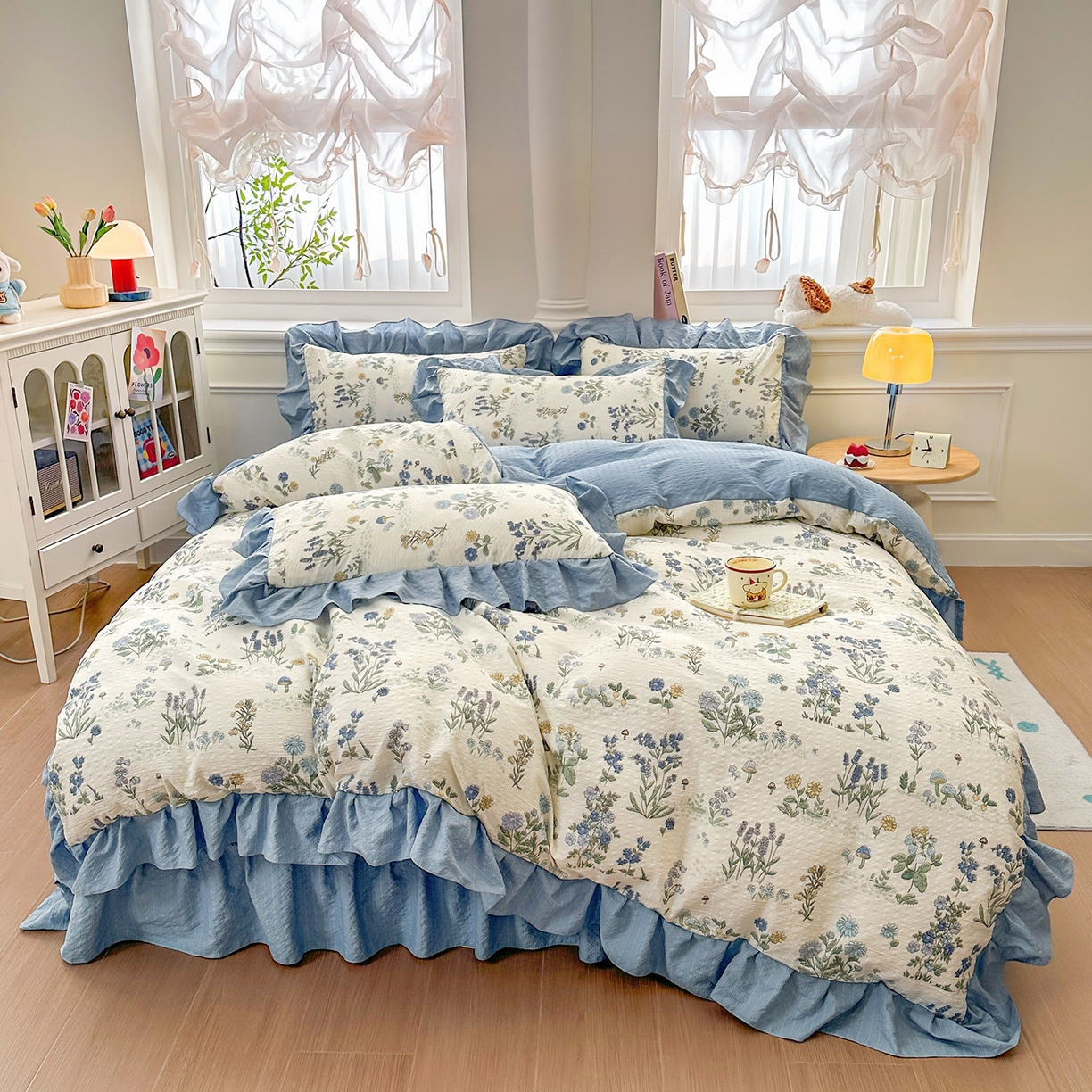 91家纺网 家纺一手货源 找家纺 安哆啦家纺 2026新款糯叽叽泡泡棉韩式花边床盖四件套 泡泡棉-花语秘境